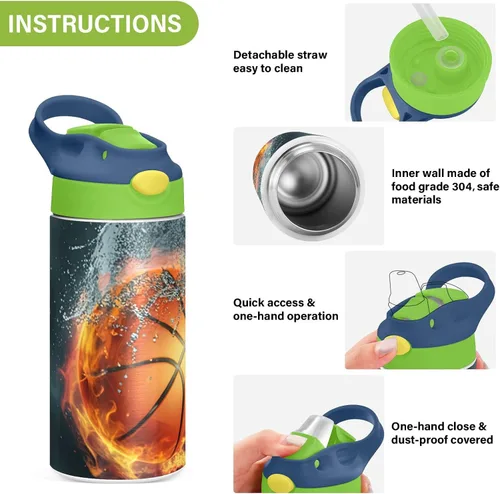 Vista 5 de Nander Botella de agua aislada para niños de 14 onzas, pelota de baloncesto, doble pared al vacío, acero inoxidable, boca ancha, botella de bebidas