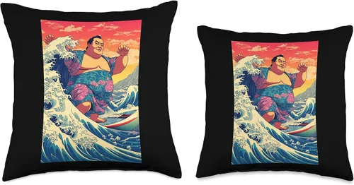 Vista 3 de Funny Wave Sumo Surfer Japanese Designs Funny Sumo Wrestler Surfing on Kanagawa Wave - Almohada de 16 x 16 pulgadas, multicolor