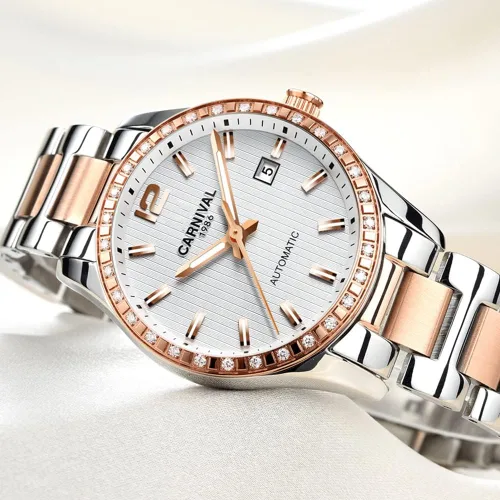 Vista 4 de Reloj mecánico automático de diamantes para mujer, acero inoxidable, zafiro impermeable, elegante reloj azul, Mecánico, cuerda automática