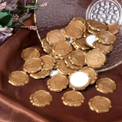 Vista 5 de CRASPIRE 60 calcomanías adhesivas de cera para sellar – Sello de montaña autoadhesivo dorado vintage calcomanías para sobres para tarjetas