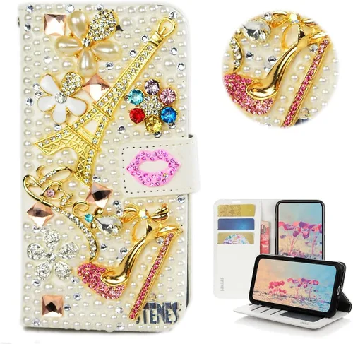 Vista 40 de Bling Wallet - Funda para teléfono compatible con Samsung Galaxy Z Fold 3 5G, elegante, hecha a mano, 3D, hecha a mano, ballet, pintalabios, tacón