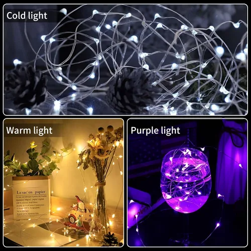 Vista 5 de Aogist Paquete de 24 luces de hadas, 3 modos, 2,1 metros, 20 luces LED, impermeables, cable plateado, funcionan con pilas, mini luces de alambre