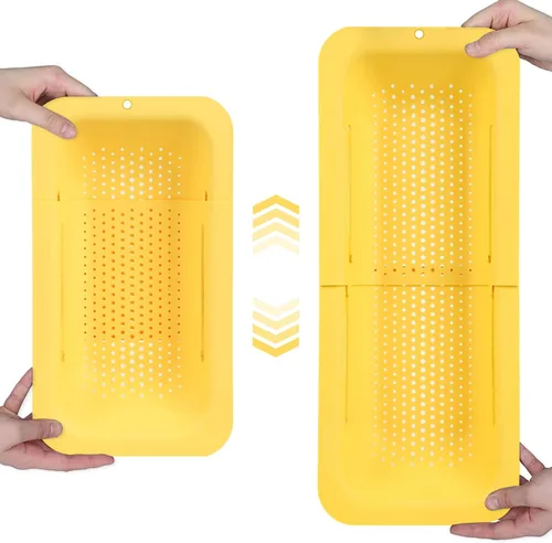 Vista 17 de BLUE GINKGO Cesta coladora para colocar sobre el fregadero, lavar verduras y frutas, escurrir la pasta cocida y platos secos, extensible, artículos