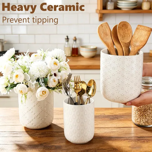 Vista 5 de Soporte para utensilios de cocina en relieve, recipiente de cerámica blanca para encimera, organizador grande de utensilios para espátula, cuchara