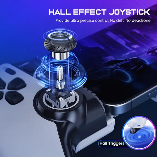 Vista 2 de Controlador de teléfono inalámbrico para iPhone/Android/Switch 1/2/OLED/iPad Mini con Hall Joystick, controlador de juegos móvil LED para iOS