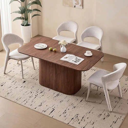 Vista 26 de Juego de 4 mesas de comedor grandes de 63 pulgadas para 4, esquinas redondeadas, mesa de cocina rectangular moderna de madera con sillas Boucle