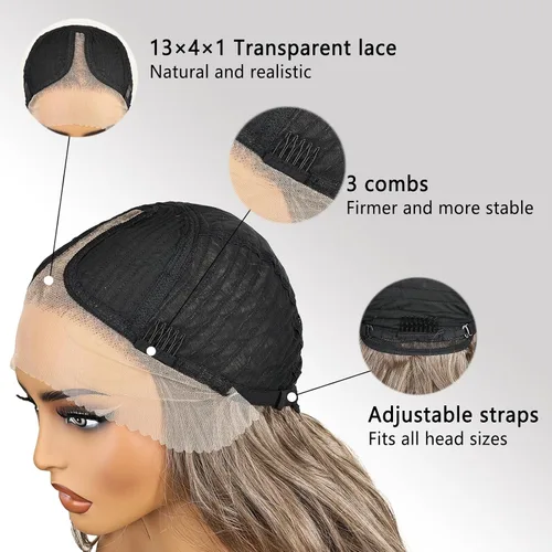 Vista 5 de FABELLE - Peluca de cabello sintético rubio ceniza con encaje frontal de 13 x 4 HD, sin pegamento, parte media ondulada de 30 pulgadas, para usar