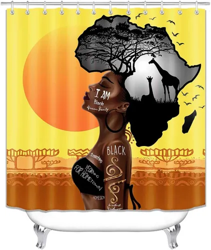 Vista 2 de Jayden Madge - Juego de 4 cortinas de ducha para mujer afroamericana, citas inspiradoras, atardecer, safari, animales, tribal, niña afro, orgullosa