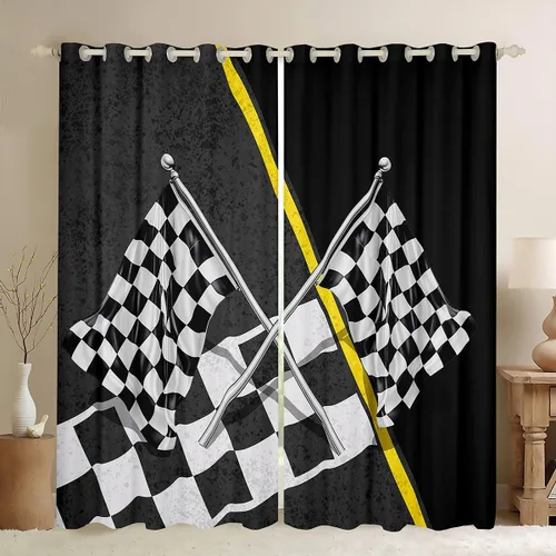Vista 9 de Manfei Cortinas de ventana de coche de carreras para niños, tratamiento de ventana de coche deportivo rojo, cortinas de ventana de bandera a cuadros