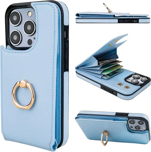 Vista 27 de Folosu Funda tipo billetera compatible con iPhone 14 con soporte para tarjetas, soporte de anillo para dedo con rotación de 360° y función atril