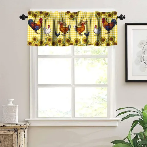 Vista 3 de Cenefa de ventana de gallo de Western Farm, pollo, girasol, retro, con estampado de cuadrícula de búfalo amarillo, bolsillo para barra, tratamientos