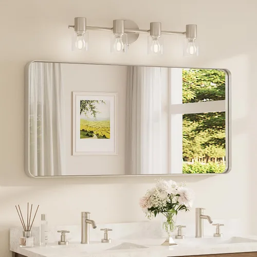 Vista 94 de Espejo de marco dorado cepillado de 16 x 24 pulgadas, espejo de tocador de baño de latón dorado para pared, espejo enmarcado rectangular de esquina