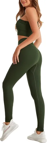 Vista 7 de Yknktstc Conjuntos de entrenamiento para mujer brasier deportivo acanalado sin costuras traje de 2 piezas cintura alta gimnasio yoga leggings