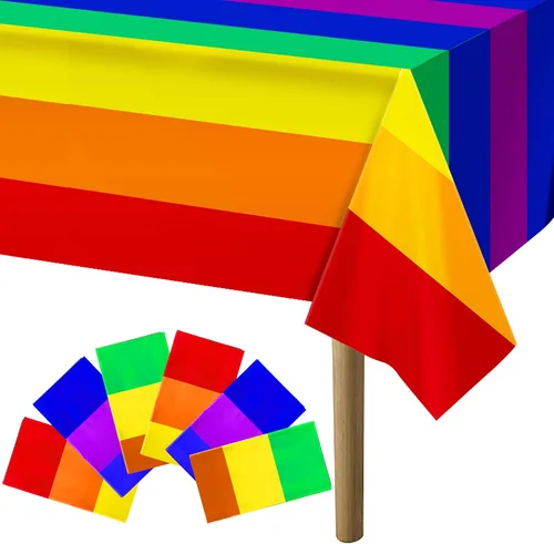 Vista 8 de Paquete de 3 manteles desechables de arco iris, rectangular, 108 x 54 pulgadas, decoración de mantel de plástico impermeable con diseño de arcoíris