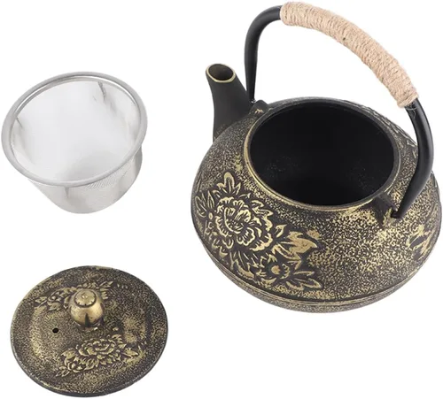 Vista 5 de Tetera de hierro fundido de 30.4 fl oz con infusor, estilo japonés, apta para estufa, color negro + dorado