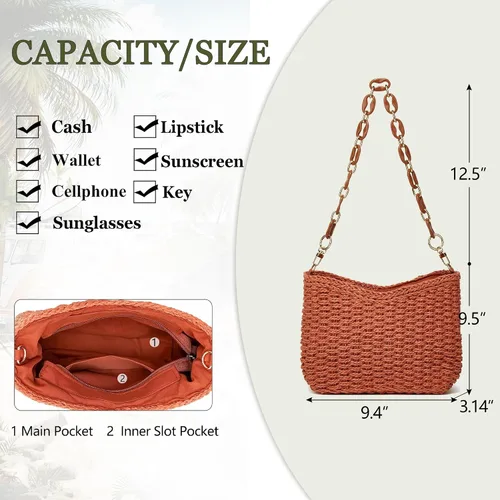 Vista 5 de JYG Bolso de hombro tejido de paja para mujer, pequeño, de verano, playa, viaje, bolso cruzado clásico, bolso de mano