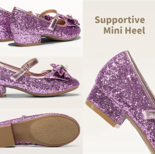 Vista 6 de DREAM PAIRS - Zapatos de vestir para niñas, zapatos de princesa para niña pequeña, Mary Jane, tacones bajos, con purpurina, flores, para fiesta, boda