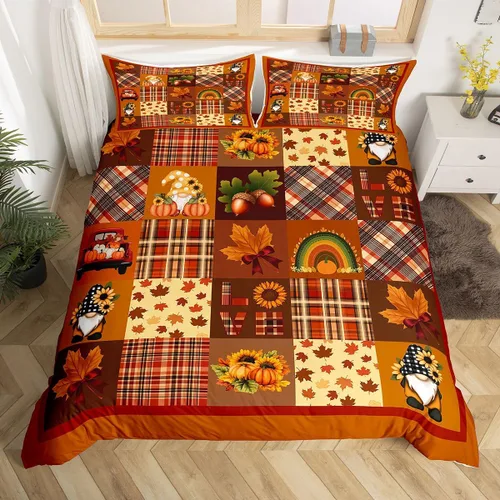 Vista 9 de Erosebridal Juego de funda de edredón individual de pavo de Acción de Gracias, juego de ropa de cama de calabaza y hojas de otoño para niños
