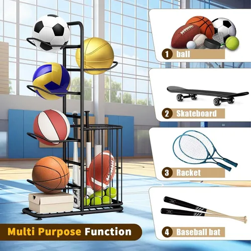Vista 5 de Basketball Storage Rack, Sports Equipment Organizer, Yoga Mat Storage Basket, Multi-Tier Ball Storage Rack with Adjustable Feet for Garages, Courts