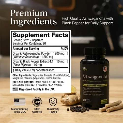 Vista 3 de Cápsulas de Ashwagandha con extracto de pimienta negra 4:1 (10 mg), hechas con polvo de Ashwagandha orgánico, 1200 mg por porción, 60 cápsulas