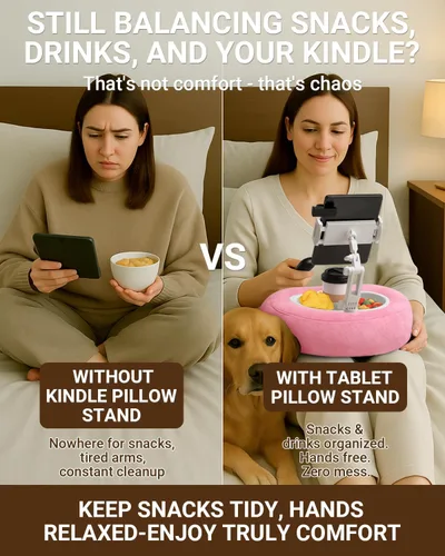 Vista 4 de Soporte de Almohada Kindle para Cama, Soporte Ajustable para Tableta y Teléfono para iPad, Kindle, Sofá – Soportes para Aperitivos y Bebidas, 50