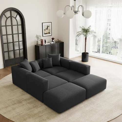 Vista 5 de Acanva - Sofá modular convertible con otomana, en forma de U, color negro Sofá de pana, marco de madera, combinación libre, sofá cama, para sala