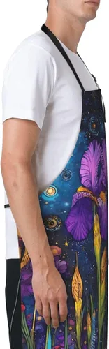 Vista 4 de Delantal de cocina con estampado de lirios morados, ajustable, impermeable, con bolsillos, unisex