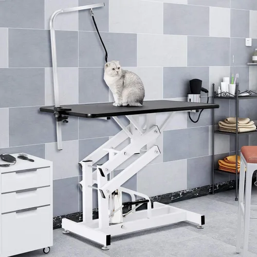 Vista 7 de Mesa hidráulica de aseo para perros pequeños, medianos y grandes, mesa de aseo para mascotas con brazo superior ajustable y soga, altura ajustable