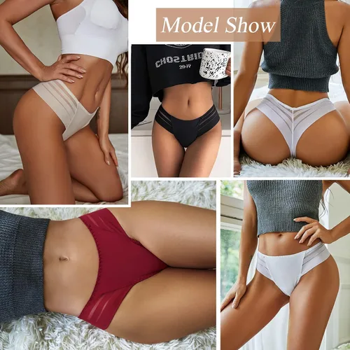 Vista 5 de chahoo Ropa interior de tanga para mujer bragas sexy de tiro bajo sin costuras tangas de encaje en la espalda en T paquete de 5 tangas que no se