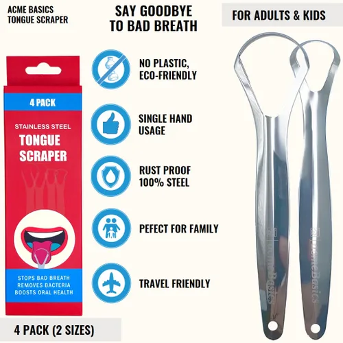 Vista 3 de Raspadores de lengua, paquete de 4 para adultos y niños. Limpiadores de lengua reutilizables de acero inoxidable para reducir el mal aliento