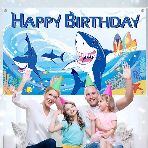 Vista 6 de Cartel de fondo de decoración de fiesta de tiburón, decoraciones de cumpleaños de tiburón, fondo de fotografía de zona para niños y niñas