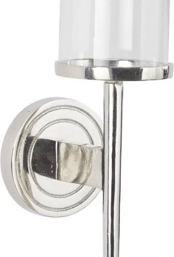 Vista 2 de Deco 79 Candelabro de pared de metal de aluminio con respaldo de círculo, 6 x 7 x 23 pulgadas, color plateado