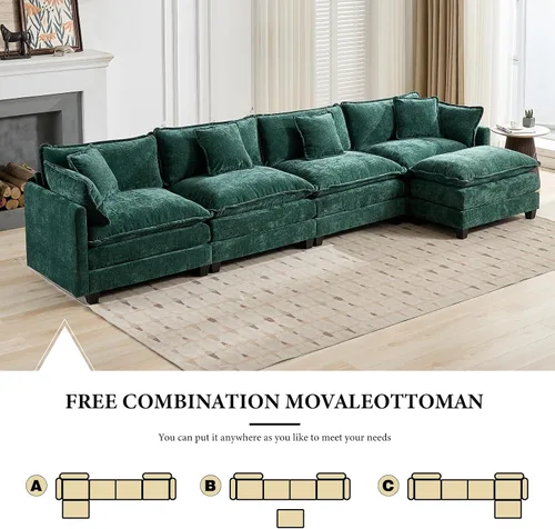 Vista 29 de Sofá seccional modular verde de 111.5", sofás seccionales grandes de 3 plazas para sala de estar, sofá nube oversized de tela chenille con otomana