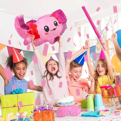 Vista 2 de Sratte Piñata de ajolote rosa con suministros para fiesta de cumpleaños, 14.96 x 9.45 x 2.95 pulgadas