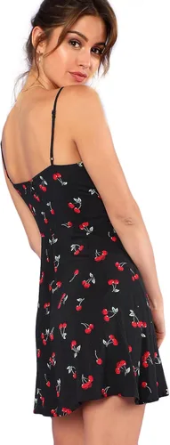 Vista 2 de Floerns - Vestido corto de verano con estampado floral de cerezas, acampanado para mujer