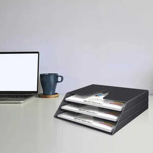 Vista 3 de Acrimet organizador fólder de triple archivo horizontal (color negro) Open Top Design, 3 Staggered Compartments, Wall-Mountable or Desktop