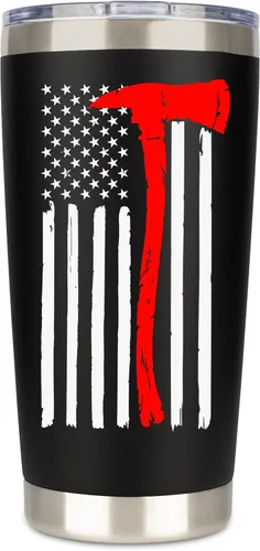 Vista 8 de Regalos de bomberos para hombres, vaso de viaje de acero inoxidable con tapa para taza de café, diseño de bandera de línea roja fina para bombero