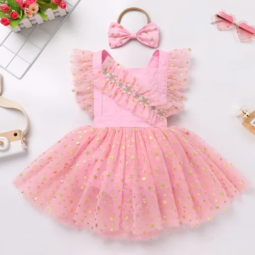 Vista 2 de Traje de bebé recién nacida para el primer cumpleaños, vestido de príncipes, diadema de encaje, volantes, estrellas brillantes, para sesión de fotos