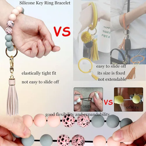 Vista 4 de BIHRTC Llavero con pulsera de silicona Llavero con brazalete de cuentas de silicona llavero con borla de cuero para mujeres niñas