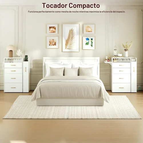 Vista 7 de Herture Pequeño tocador de tocador, juego de tocador compacto con toma de corriente, tocador de maquillaje 3 en 1 con luces con 3 modos