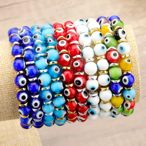 Vista 7 de Pulseras de mal de ojo para mujer con cuentas hechas a mano, pulsera elástica dorada para niñas