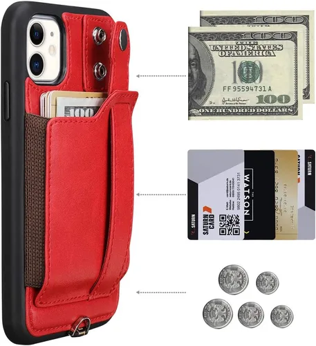 Vista 6 de TOOVREN Funda protectora para iPhone 11 con tarjetero de piel sintética, ajustable, desmontable, correa de soporte para iPhone 11 de 6.1 pulgadas