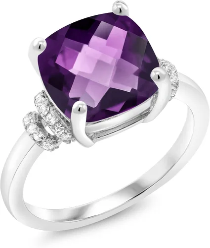 Vista 2 de Gem Stone King Anillo de compromiso de plata de ley 925 con amatista morada para mujer