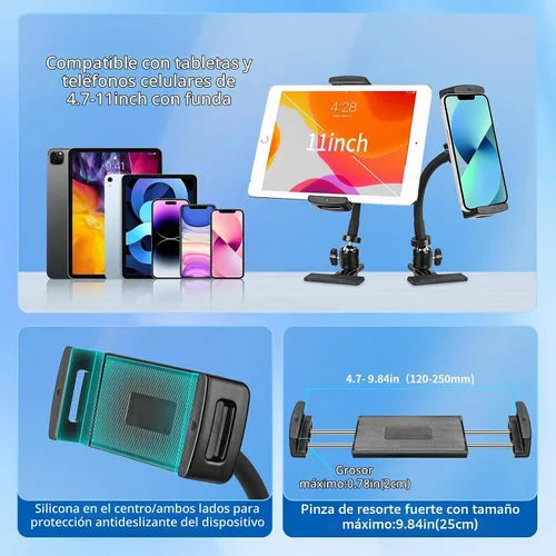 Vista 5 de ROCKFREE Soporte para tablet con clip con brazo de cuello de cisne resistente, soporte de abrazadera de iPad ajustable de 360° para escritorio