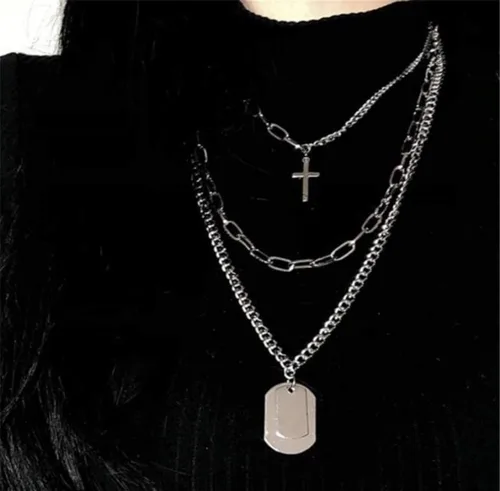Vista 2 de Collar con dije de cadena larga, punk multicapa para mujeres y hombres, Metal