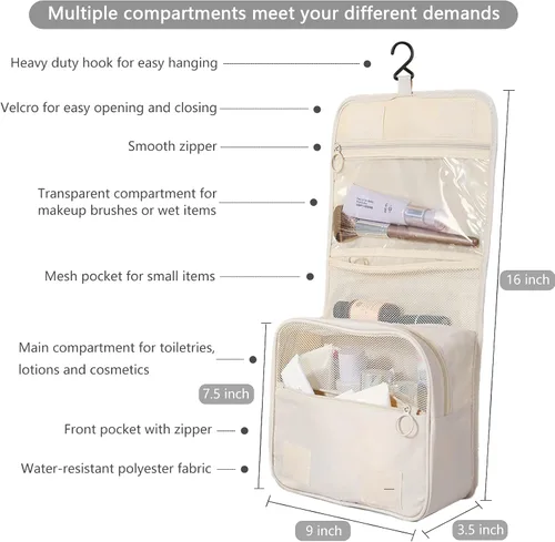 Vista 2 de Neceser de viaje colgante para mujer, bolsa de maquillaje resistente al agua, organizador de cosméticos para accesorios de viaje, artículos de Beige