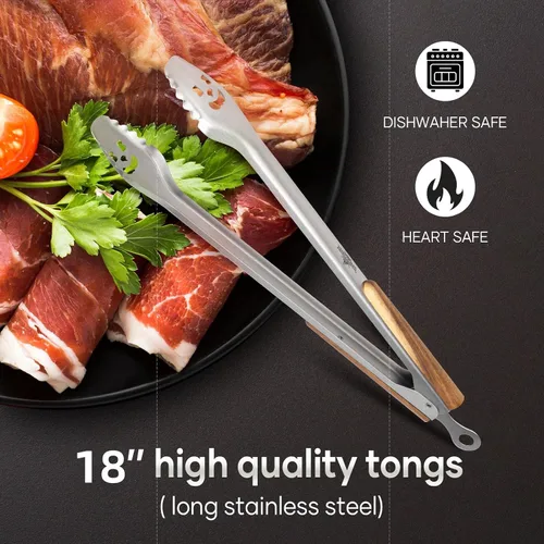 Vista 2 de XUDAKAIXIN Pinzas para barbacoa de acero inoxidable de 18 pulgadas de largo con mango de acacia de lujo extendido, herramienta de parrilla duradera