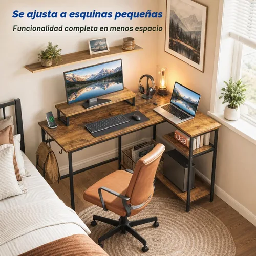 Vista 7 de DEVAISE Escritorio compacto para juegos en forma de L de 43 pulgadas con luces LED, marrón rústico