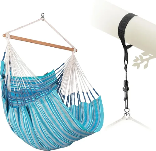 Vista 35 de LA SIESTA® - Silla Hamaca Grande y Cómoda de Algodón Habana & CasaMount - Silla Colgante con Kit de Suspensión para Paredes, Techos y Vigas Café