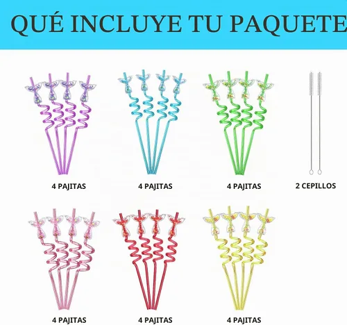 Vista 4 de 24 pajitas de sirena con purpurina para fiesta de cumpleaños de sirena bajo